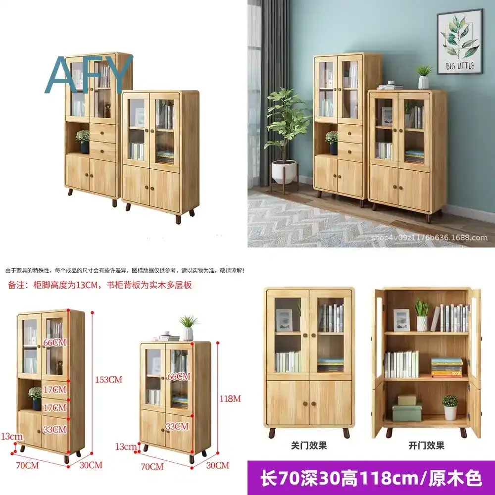 Nordic Solid Wood Rubberwood Bookcase with Glass Door for Home Office Living Room Bedroom Study Simple Storage Bookshelf for
