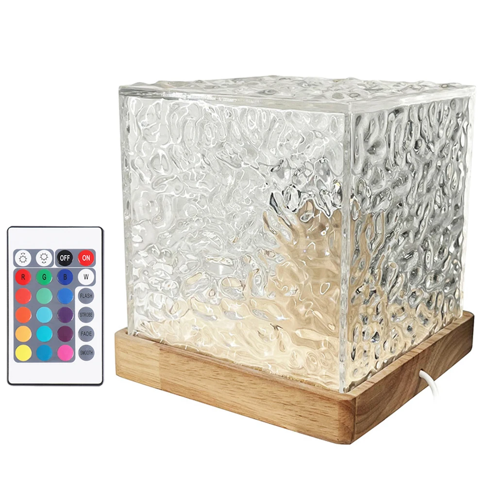 Dynamic Water Ripple Night Light 16 Colors Flame Crystal Lamp Remote Rotating Water Ripple Small Cube Lamp Home Decor