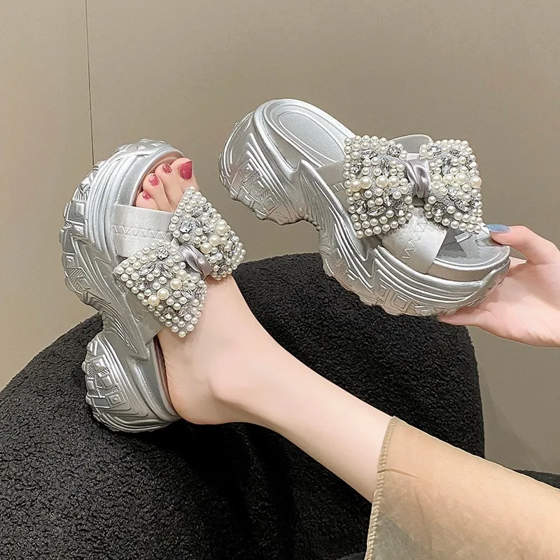 8cm Shiny Rhinestone High Platform Slippers Women Butterfiy-Knot Heels Chunky Sandals Woman Summer Thick Bottom Wedges Slides