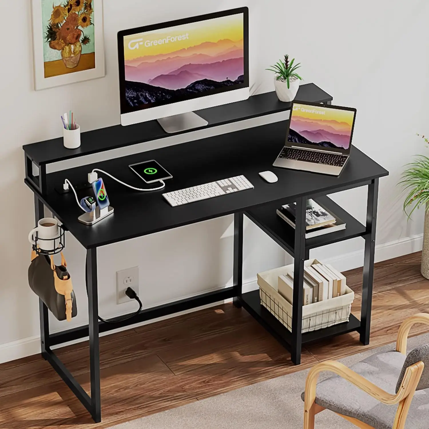 

Desk with USB Charging Port and Power Outlet,Reversible Small Desk with Monitor Stand and Storage Shelves for Home Office