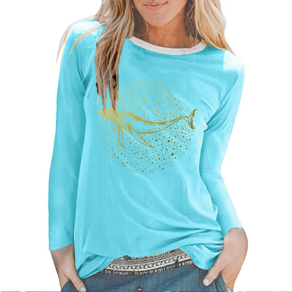 Seeyoushy Gold Whale Print 2023 New Long Sleeve O-neck Women's T-shirt Casual Fashion Women's Clothing Y2K Aesthetic Women's Top