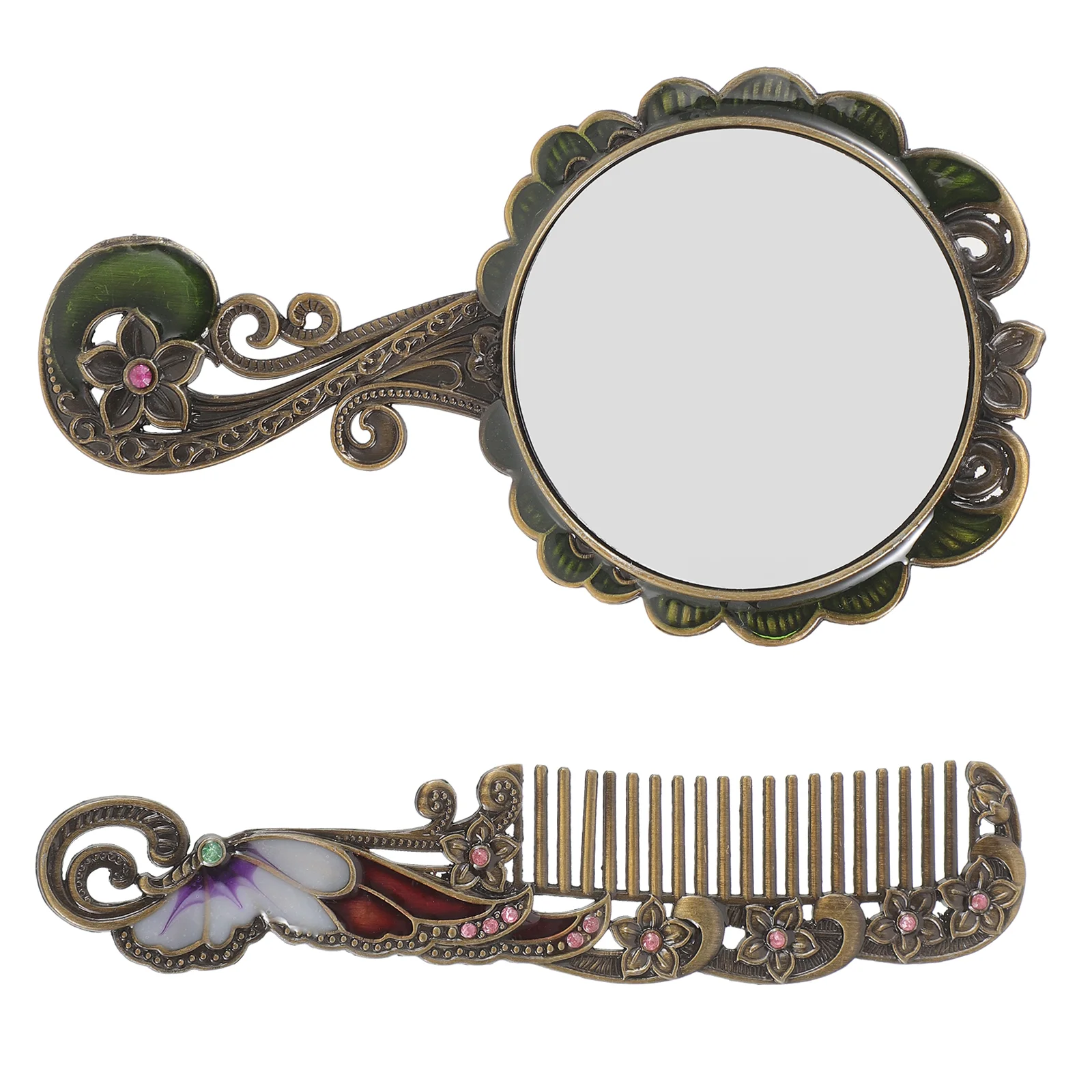 Retro Handheld Mirror with Handle Decorative Vintage Dresser Compact Makeup Comb