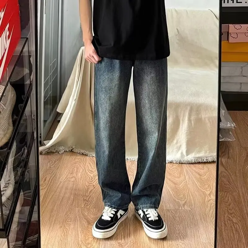 Summer Vintage Washed Distressed Loose Straight Wide Leg Jeans Men's American High Street Casual Denim Trousers