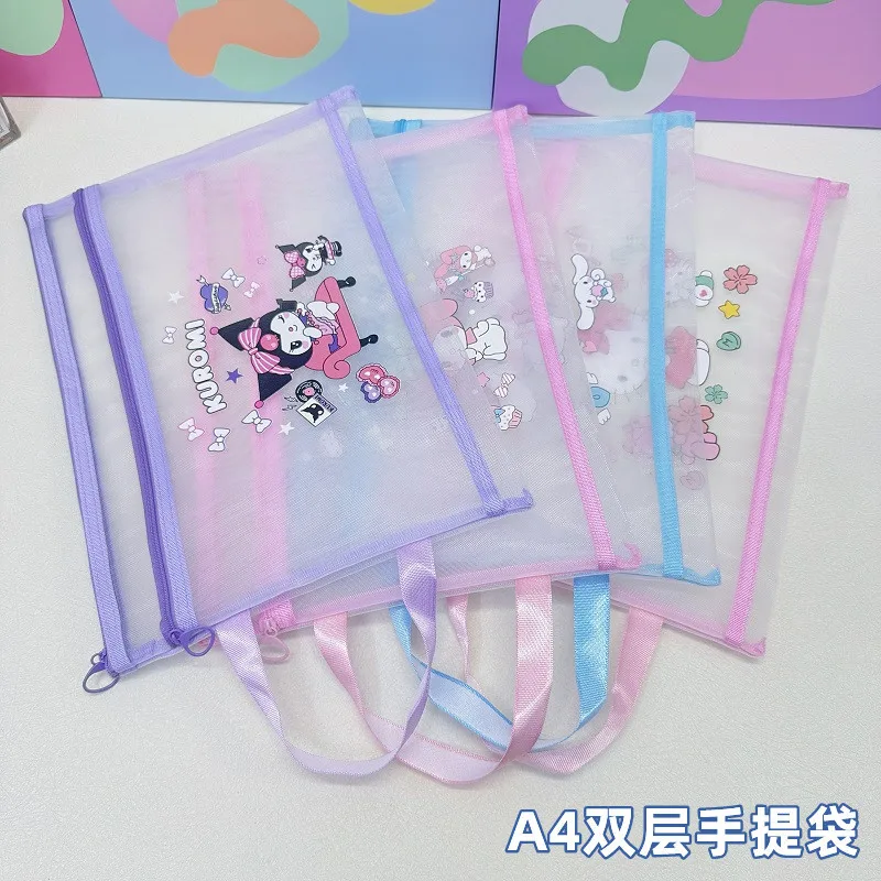 

New model Hello Kitty Kuromi Cartoon Anime Stationery Set Nylon Mesh Zipper Pen Bag Student Learning Supplies File Bag Prize Gif