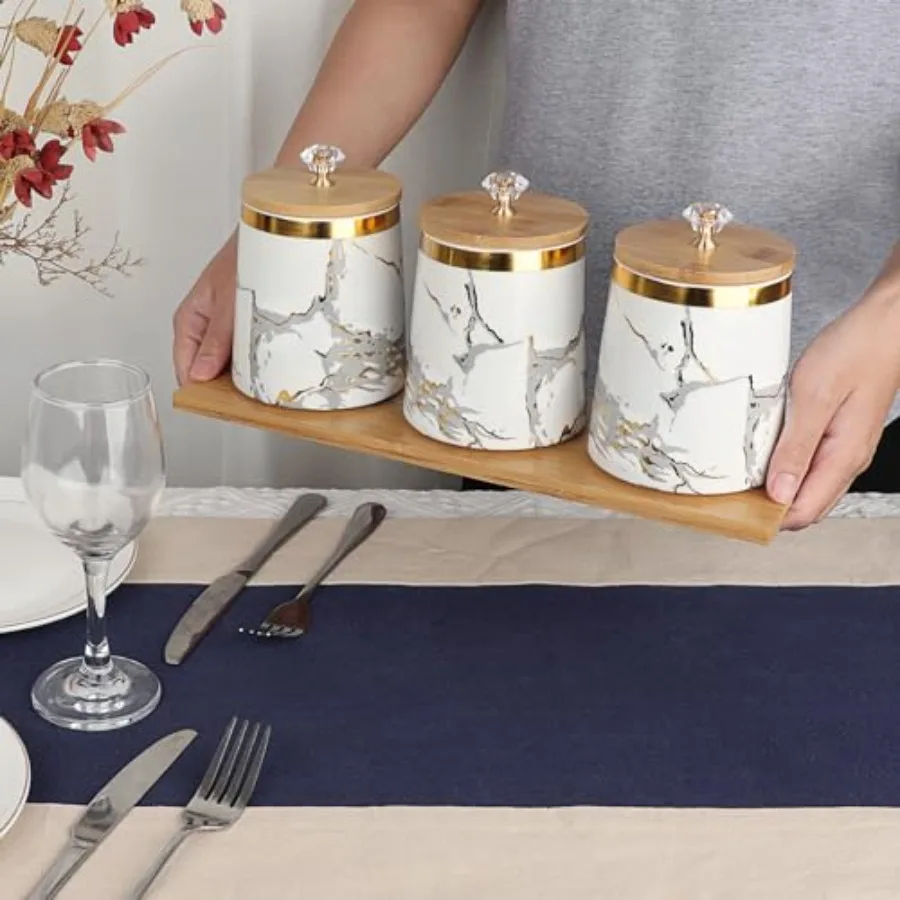 Set of 3 Canisters Set for Sugar Coffee Tea with Airtight Lid Ceramic Storage Containers Sets White Storage Pots with Tray Stor - view 5