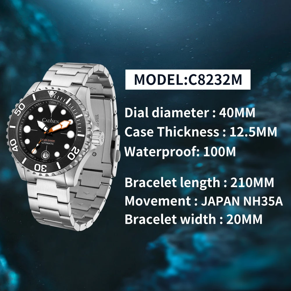 CADISEN 2024 New Sapphire Watch Men Brand Luxury Automatic Watch Japan NH35A 100M Waterproof Luminous Mechanical Wristwatch Man