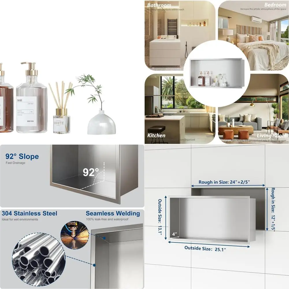 

24 x 12 Stainless Steel Shower Niche, No Tile Required, Recessed Wall Shelf, Brushed Nickel Finish