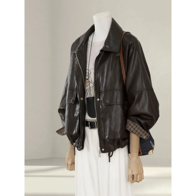 Premium Super Hot Coffee Leather Jacket Women's Cool Sa Wind 2026 Spring New Small Pu Leather Motorcycle Jacket Street Hipster