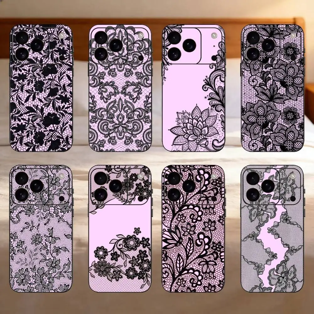 

Black Lace Pattern Phone Case For iPhone 17,16,15,14,13,12,11 Plus,Pro Max,SE4Soft Silicone Black Cover