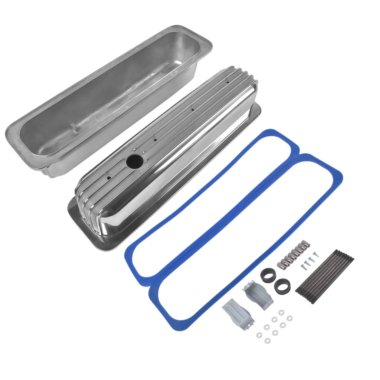 Pokrywy zaworów Vortec z wysokimi aluminiowymi żebrami AP02, polerowane, z centralnym śrubowaniem, czarne, do Chevy SBC 350 450 5.0L-5.7L