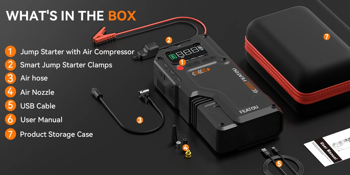 Tragbarer Auto-Starthilfe, Starthilfe mit Luftkompressor, 6000 A Peak BatteryJumper StarterPortable, Starthilfe für Autobatterie – Detail 5