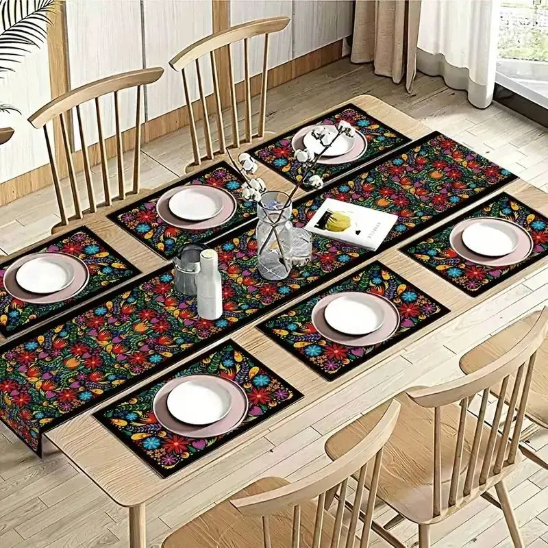 VIKAMA Bohemian Floral Table Flag Placemat Set Waterproof And Oil Resistant Kitchen Dining Table Mat Home Decoration