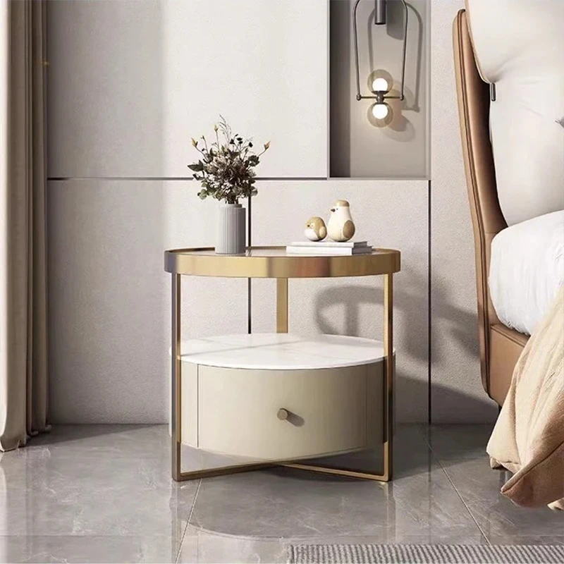 

Italian Style Pack Of Two Bedroom Table With Drawer Glass And Rock Slab Tabletop Metal Frame Round Double - Layer Bedside Table