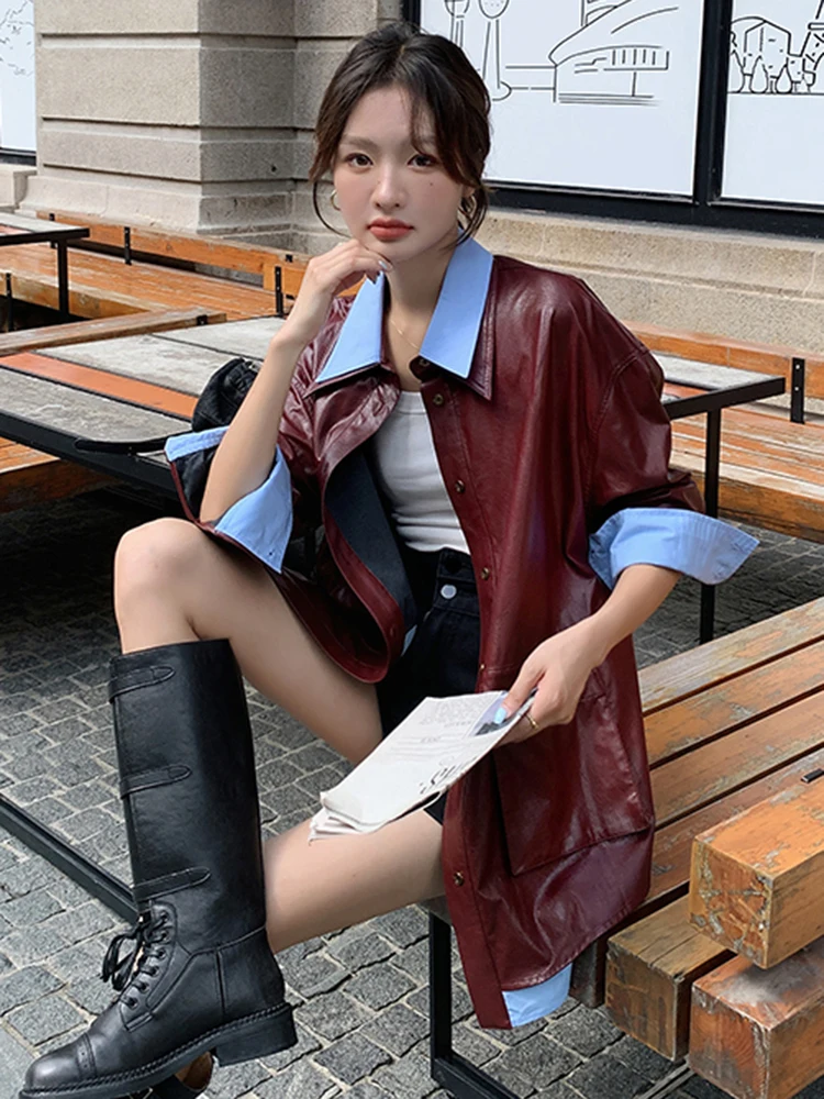 LANMREM Designer Leather Jackets For Women Lapel Contrast Color Patchwork Single Breasted Coat Streetwear 2024 Autumn New 2VV287