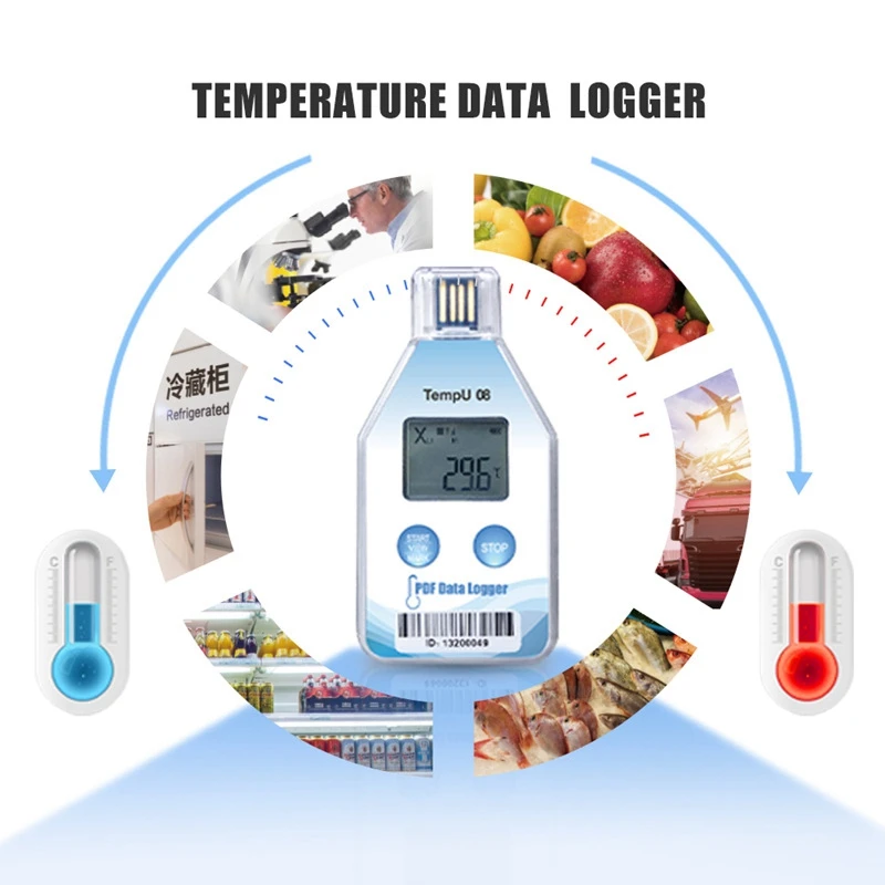 Enregistreur de données de température de capacité 32000, prise en charge du rapport PDF, enregistrement de température réutilisable, JORecorder froid, Tempu08, 1 pièce