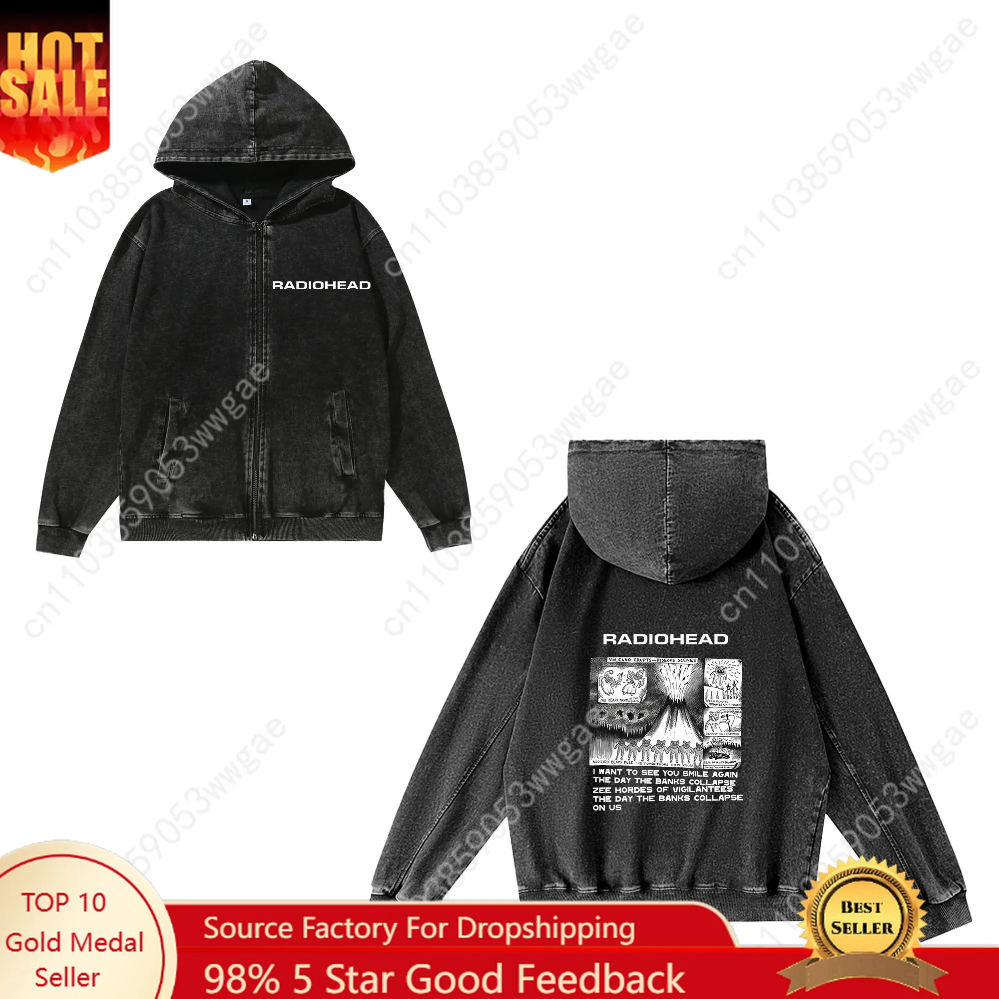 

Radiohead Rock Band Zipper Sweatshirts Mens Womans Retro Hoodies Vintage Pullover with Pocket Full Zip Customized Jacket Tops
