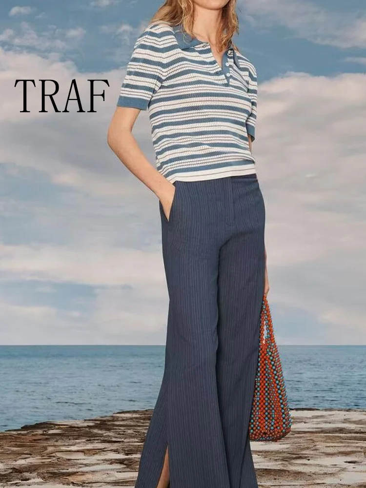 

TRAF European and American style women's summer new fashion casual versatile lapel slim striped sweater