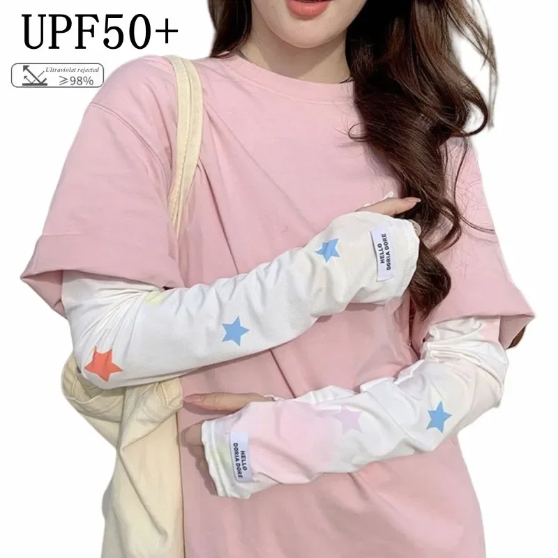 

Y2k Girls Ice Silk Breathable Sleeve Cover Star Flower Anti-sunburn Arm Sleeves Women UV Cycling Oversleeve Loose Golves 팔토시