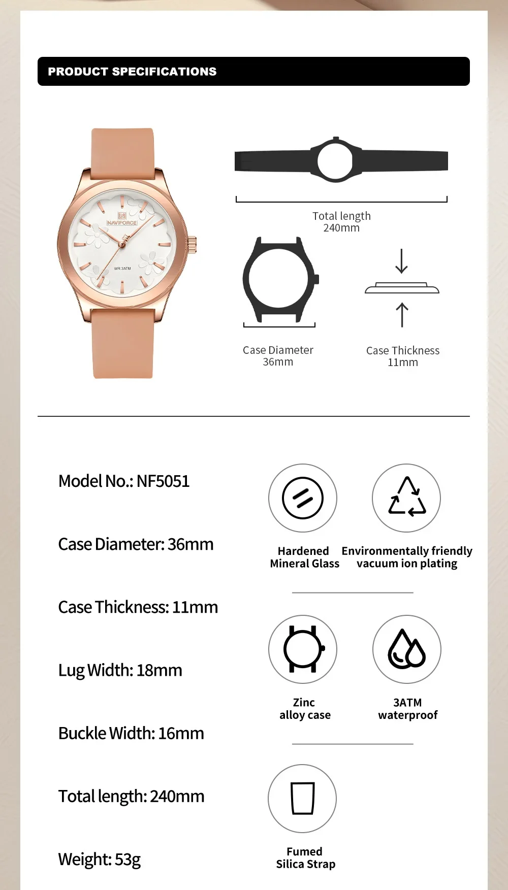 NAVIFORC NF5051 Women Watches Brand Ladies Silicone Strap Watch Woman Casual High Quality Quartz Waterproof Wristwatches