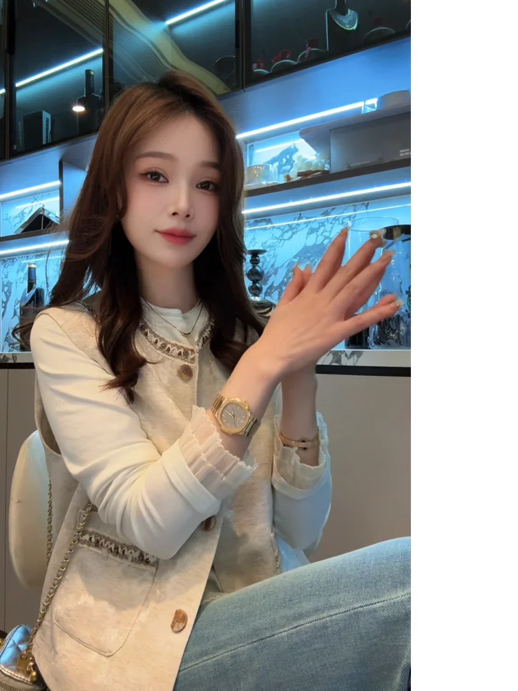 

Xuanxuanchen Oats Vanilla New Chinese Sle Women's Vest Outerwear Faionable High-End Feeling Svel Top round Ne