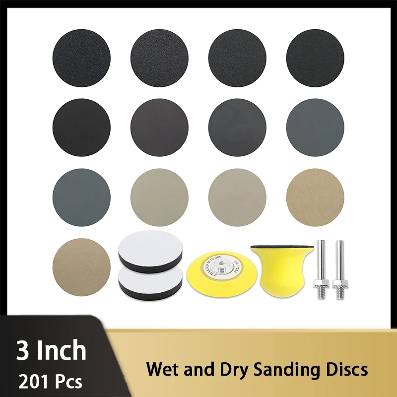 

3 Inch Wet & Dry Sandpaper Kit 201 Pcs with Backing Pad and Soft Foam Buffering Pad 60 to 10000 Grits for Grinding Car Metaling