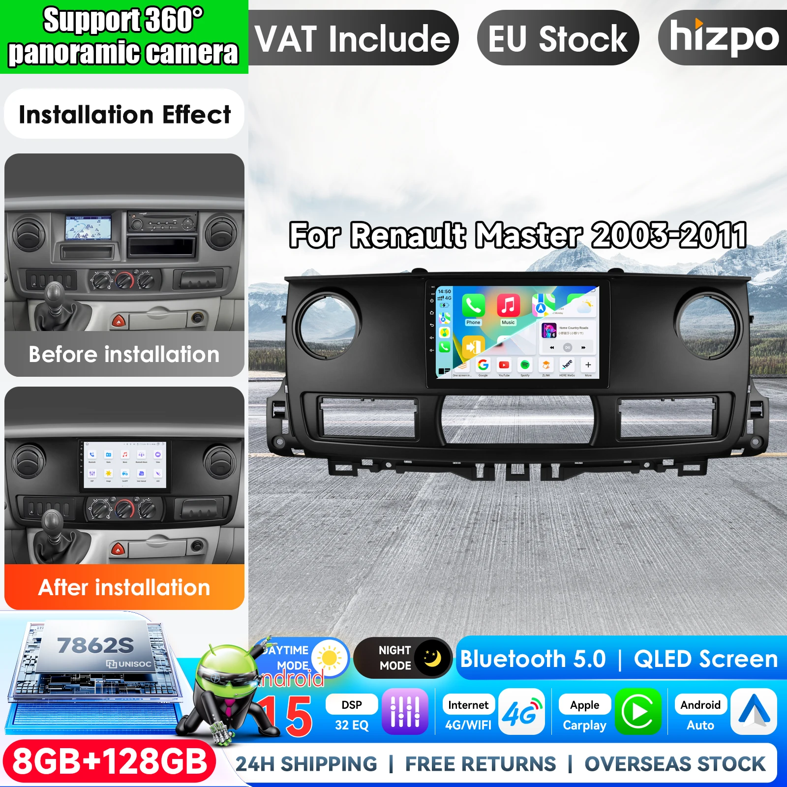 Image of Hizpo 10,1 Zoll Autoradio für RENAULT MASTER 2003-2011 Navigation GPS 2 Din Android Auto 4G LTE Wireless Carplay DSP Multimedia Player 2Din Stereo Autoradio Auto-KI-Intelligentes System Head Unit