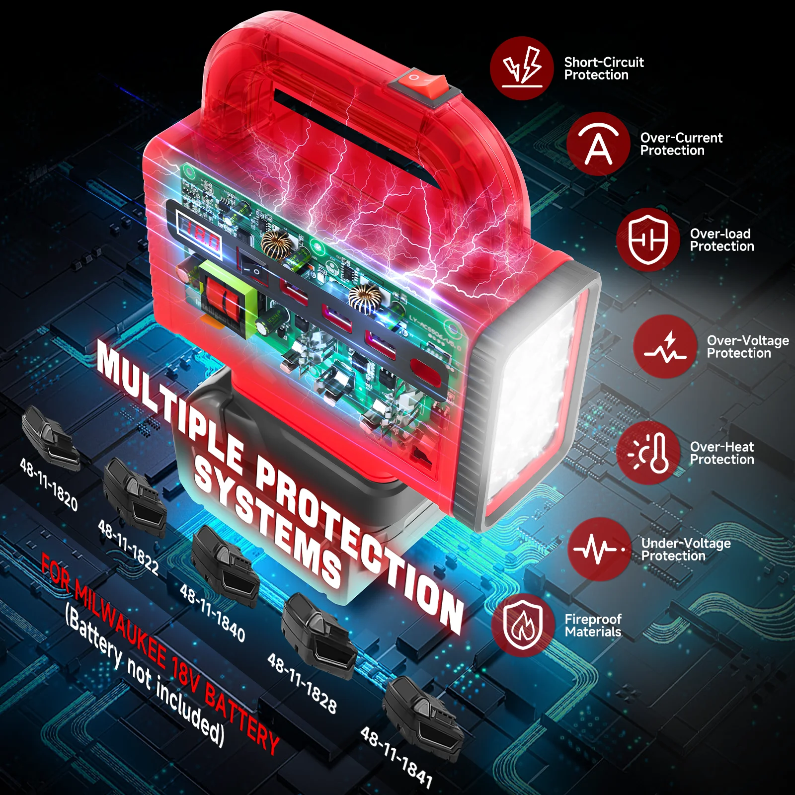 150W Power Inverter for Milwaukee DC 18V to AC 110V 220V Inverter Portable Power Station Battery Adapter with LED Light