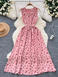 Summer Vintgae Women Floral Printed Long Dress Elegant Round Neck Sleeveless High Waist A-Line Casual Vestidos Female Robe New