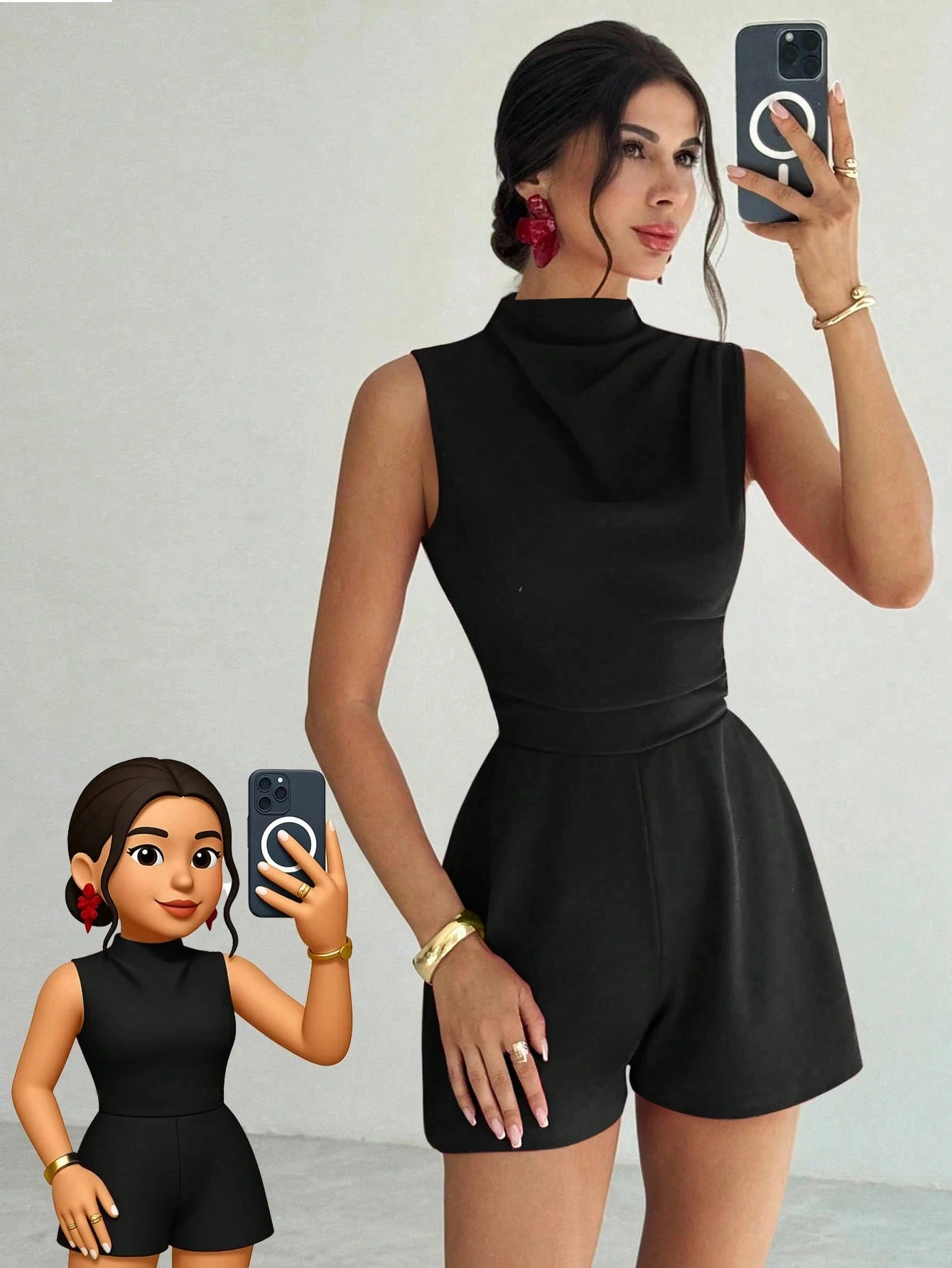 

Women's Black Sleeveless Mock Neck Jumpsuit, Waist-Tie Slimming Wide Leg Shorts, Elegant Socialite Style Romper