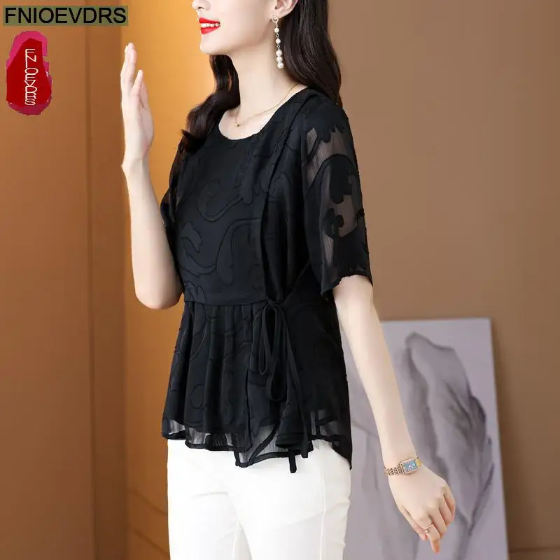 M-4XL 2023 Women European Style Elegant Office Lady Work Basic Shirt Belly Black Tunic Peplum Bow Tie Lace-Up Top Blouses