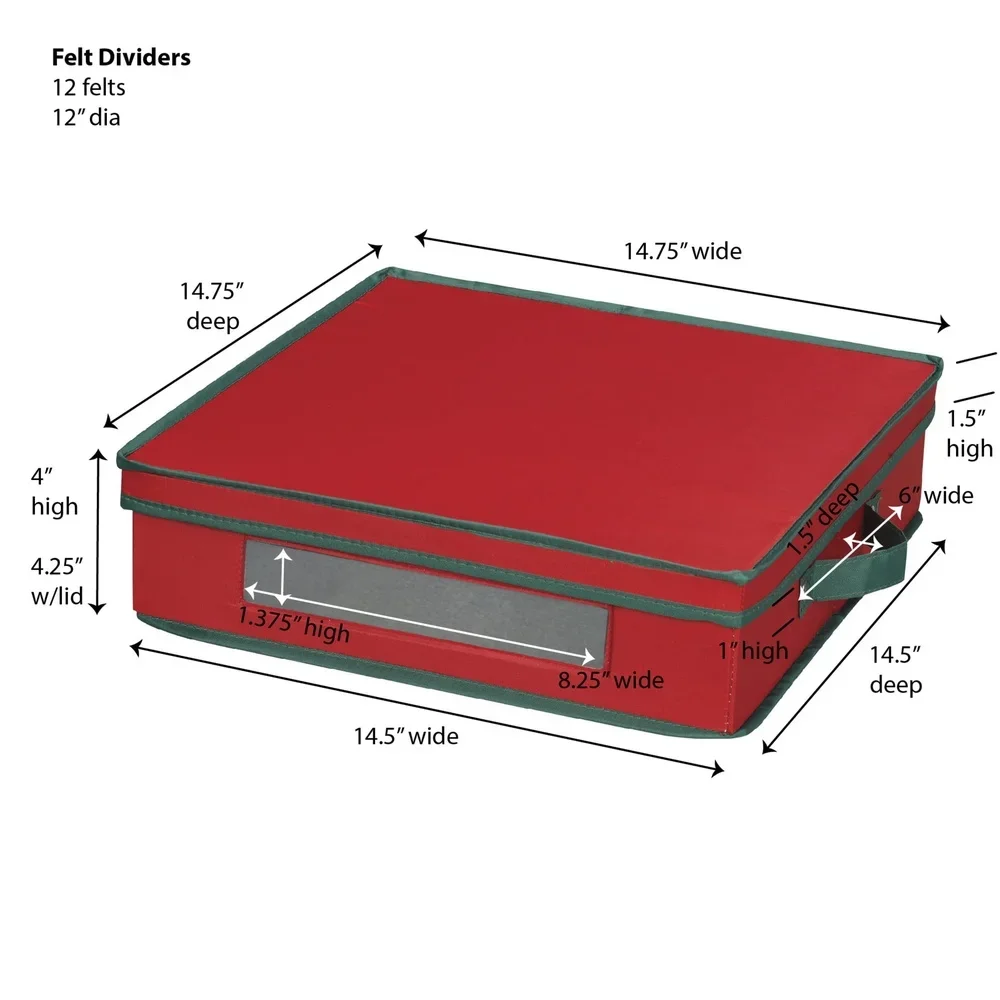 صندوق تخزين لوحة شاحن العطلات مكون من 12 لوحة منظم احتفالي باللونين الأحمر والأخضر مع وسائد من اللباد بتصميم قوي ونافذة جانبية مع