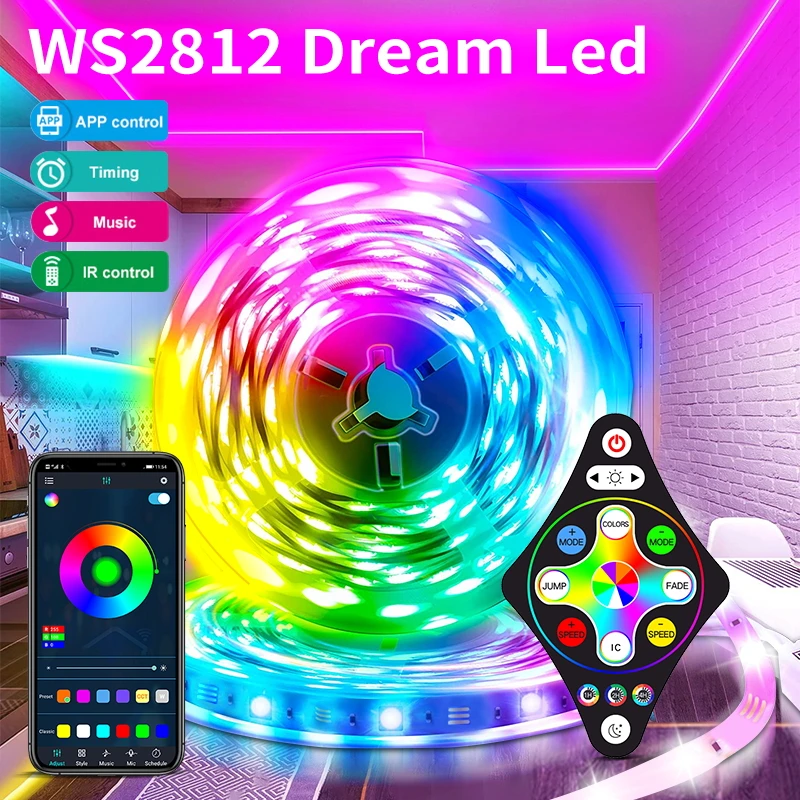 Ws2812 sonho luzes de tira led fita controle app conjunto completo com fonte alimentação + remoto rgb inteligente led luz decoração do quarto