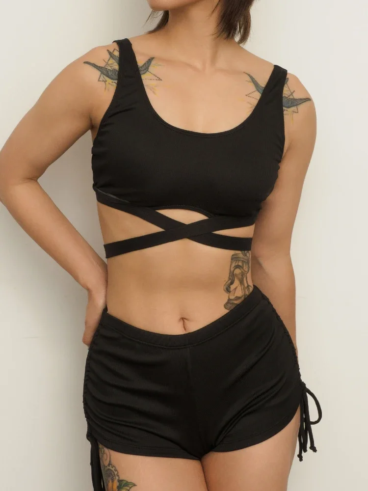 Bikini Set 2 Piece Swimsuit for Women High Waist Solid Color Cross Hollow Out Beach Vacation Backless Bathing Suit 2025 New