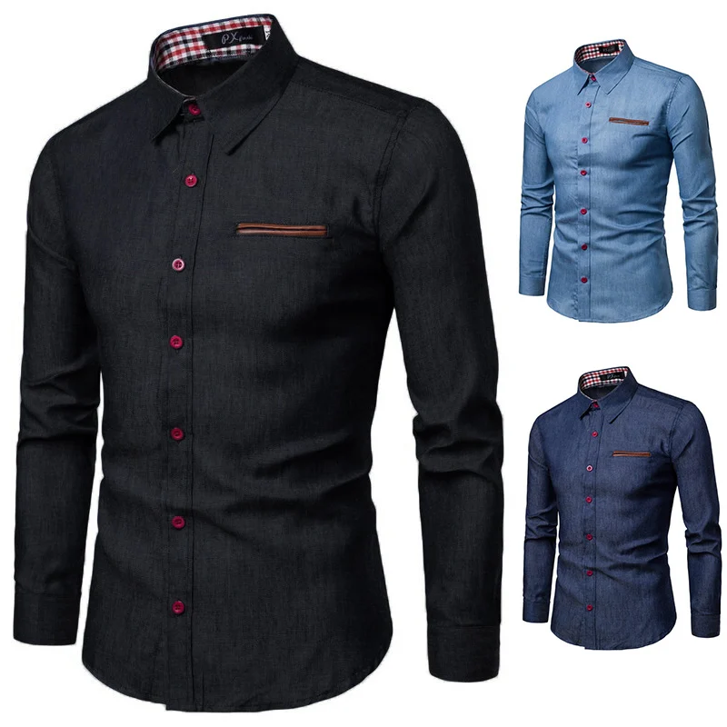 

Spring Men's Shirt Imitation Denim Long Sleeved Shirt Fake Pocket Patchwork Retro Made Old Shirt