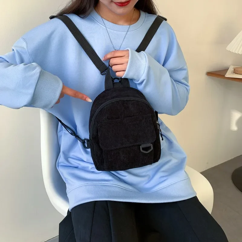 Women Mini Backpack Solid Color Corduroy Small Backpacks Simple Casual Student Bookbags Traveling Backpacks Mochilas