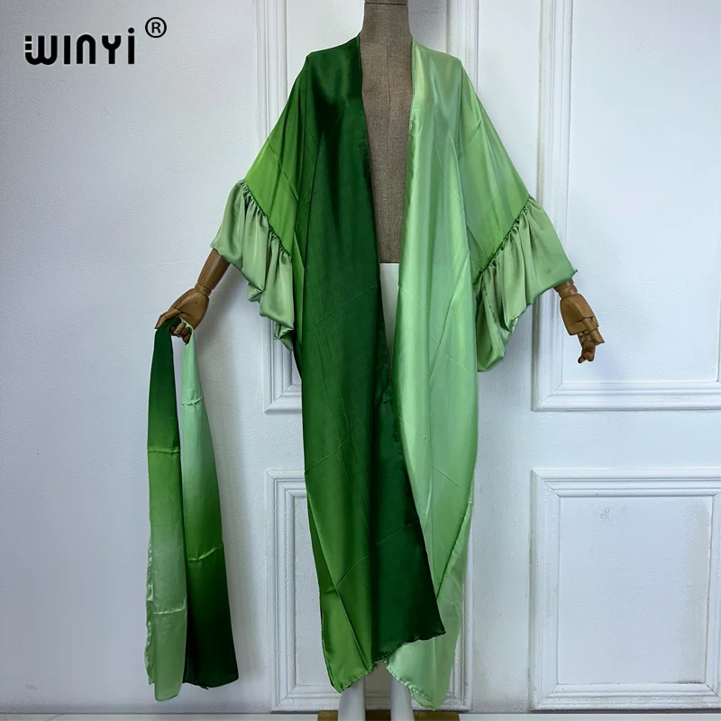 WINYI stopniowy nadruk sukienka z paskiem kobiety eleganckie letnie wakacje kardigan z rękawami bąbelkowymi odzież plażowa strój kąpielowy narzutka kimono