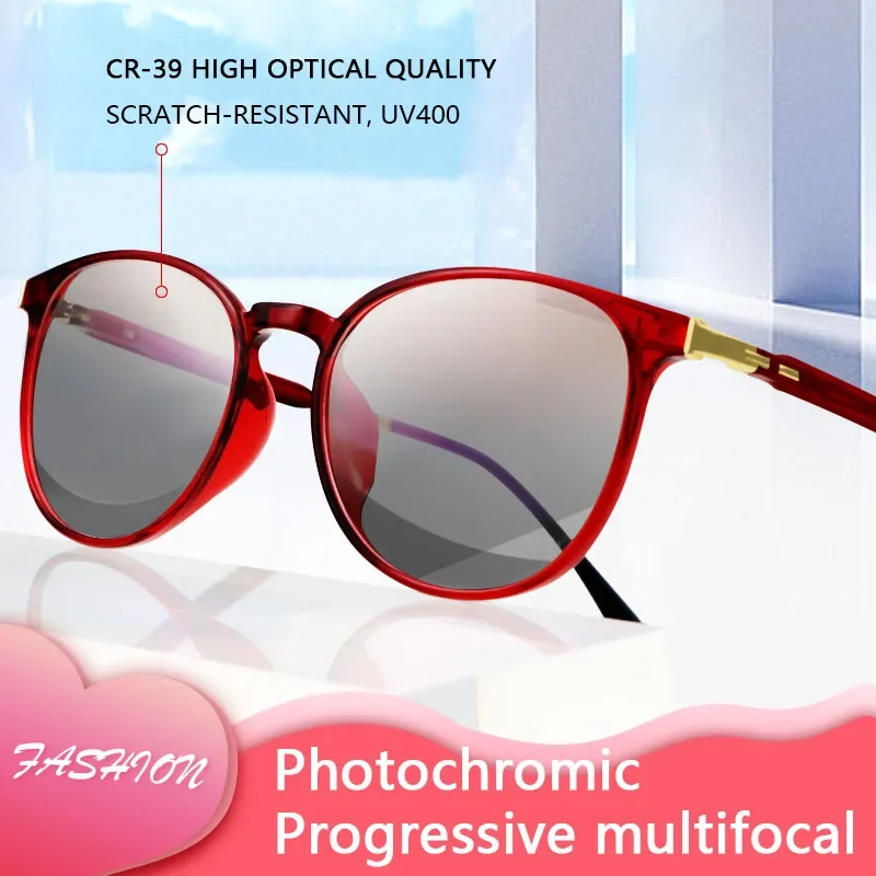 Photochromic Progressive Multifocus Reading Glasses for Women, Multifocal Readers Sunglasses, Anti UV/Eyestrain/Glare