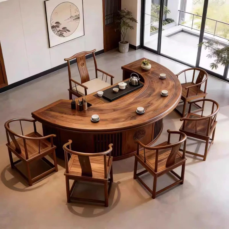 

Leisure Black Walnut Tea Table and Chair Combination Zen Song Style Aesthetics Ash Wood Hotel Homestay Office Tea Table