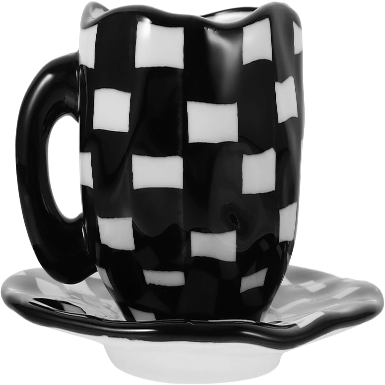 Stylish and Functional Hand Painted Ceramic Coffee Mug with Black and White Checkerboard Pattern - Perfect Addition to Your Coll