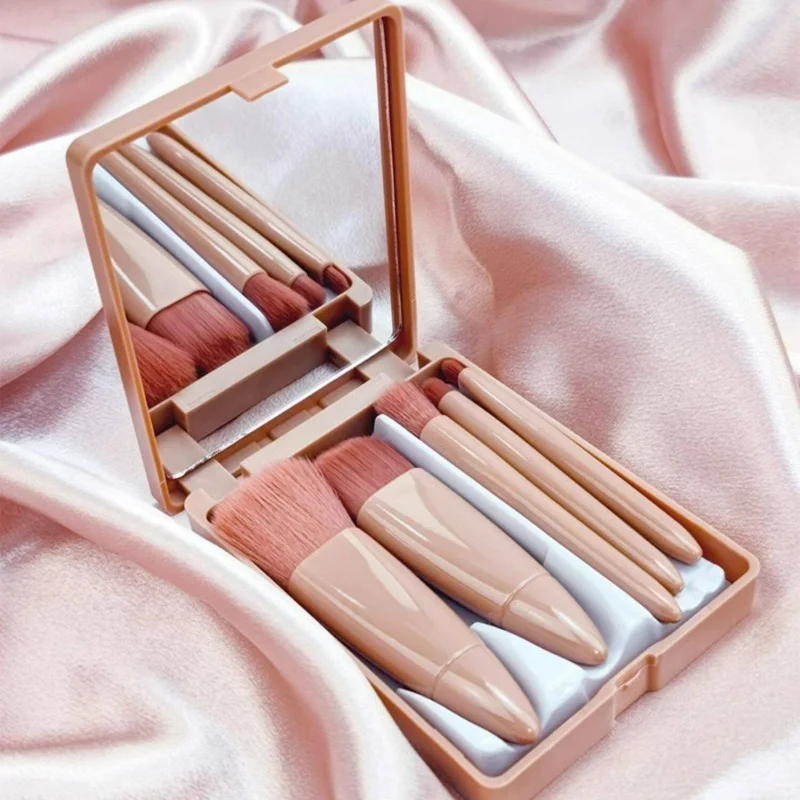 Mini Makeup Brush Set With Mirror Case Portable Travel Cosmetic Brushes Soft Synthetic Bristles Facial