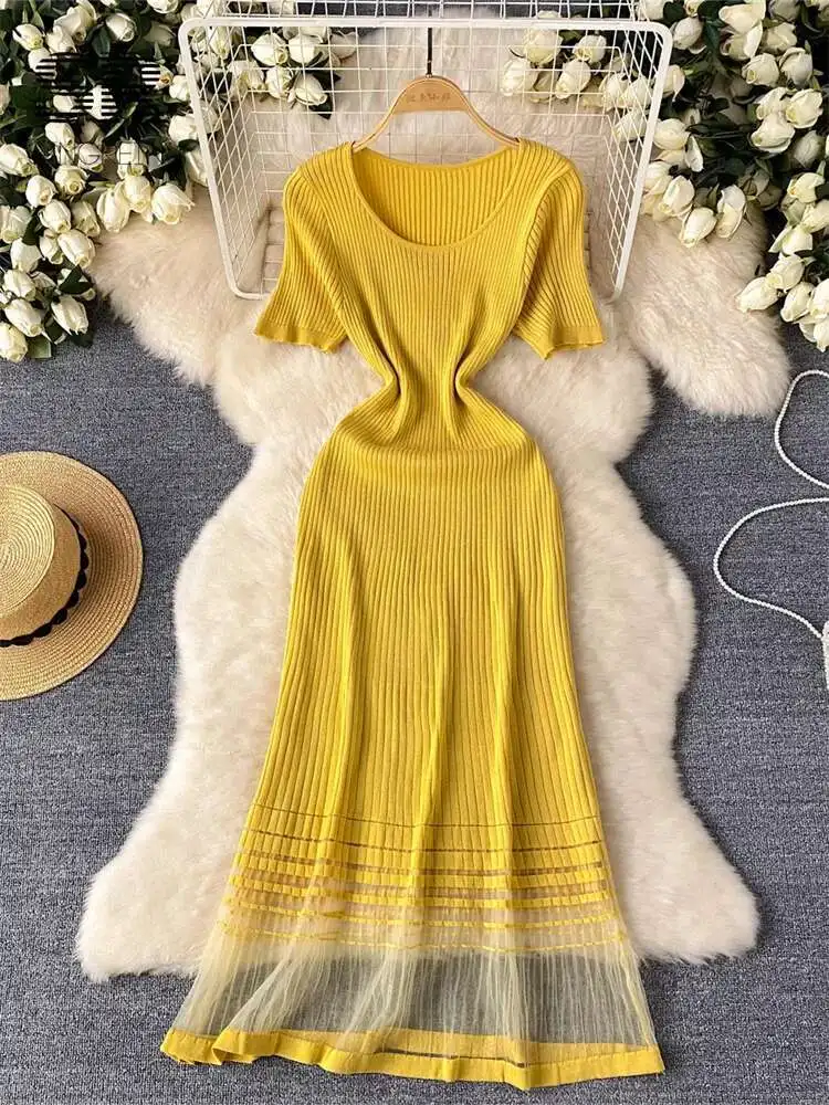 BabYoung الصيف كبار الحياكة المرأة شبكة لصق قصيرة الأكمام السيدات تصميم سليم مطاطا فستان طويل خفيف