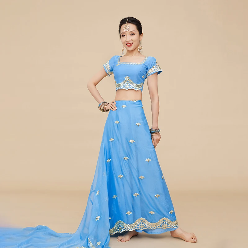 Indian Dance Clothes For Women Short Sleeve Tops Big Swing Blue Skirt Female Elegant Bollywood Saree Belly Dance Dress DQL7062