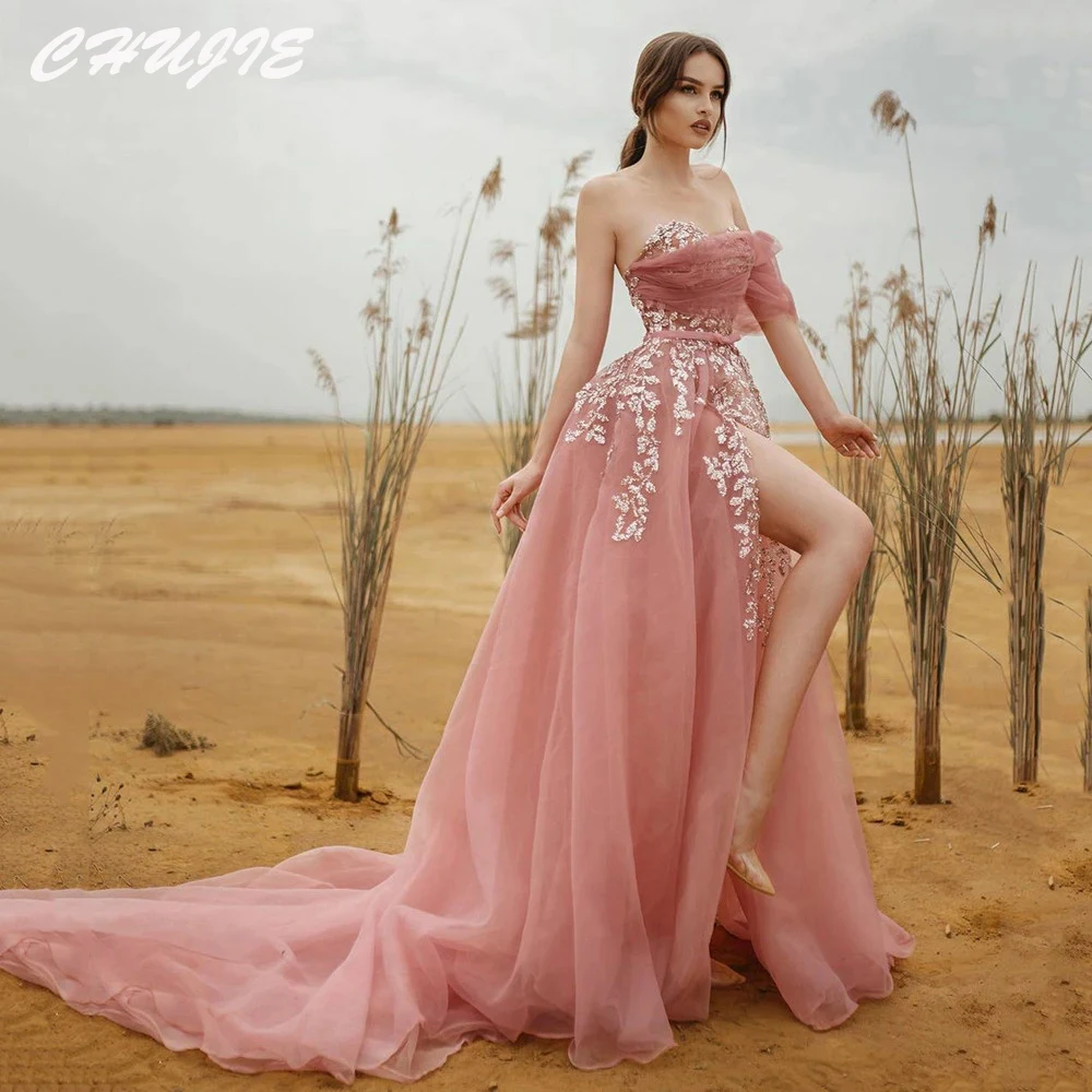 

Pink Tulle Appliques Prom Dress Sweetheart One Shoulder Straps Evening Gowns Customized Slit A Line Party Dresses robe soirée