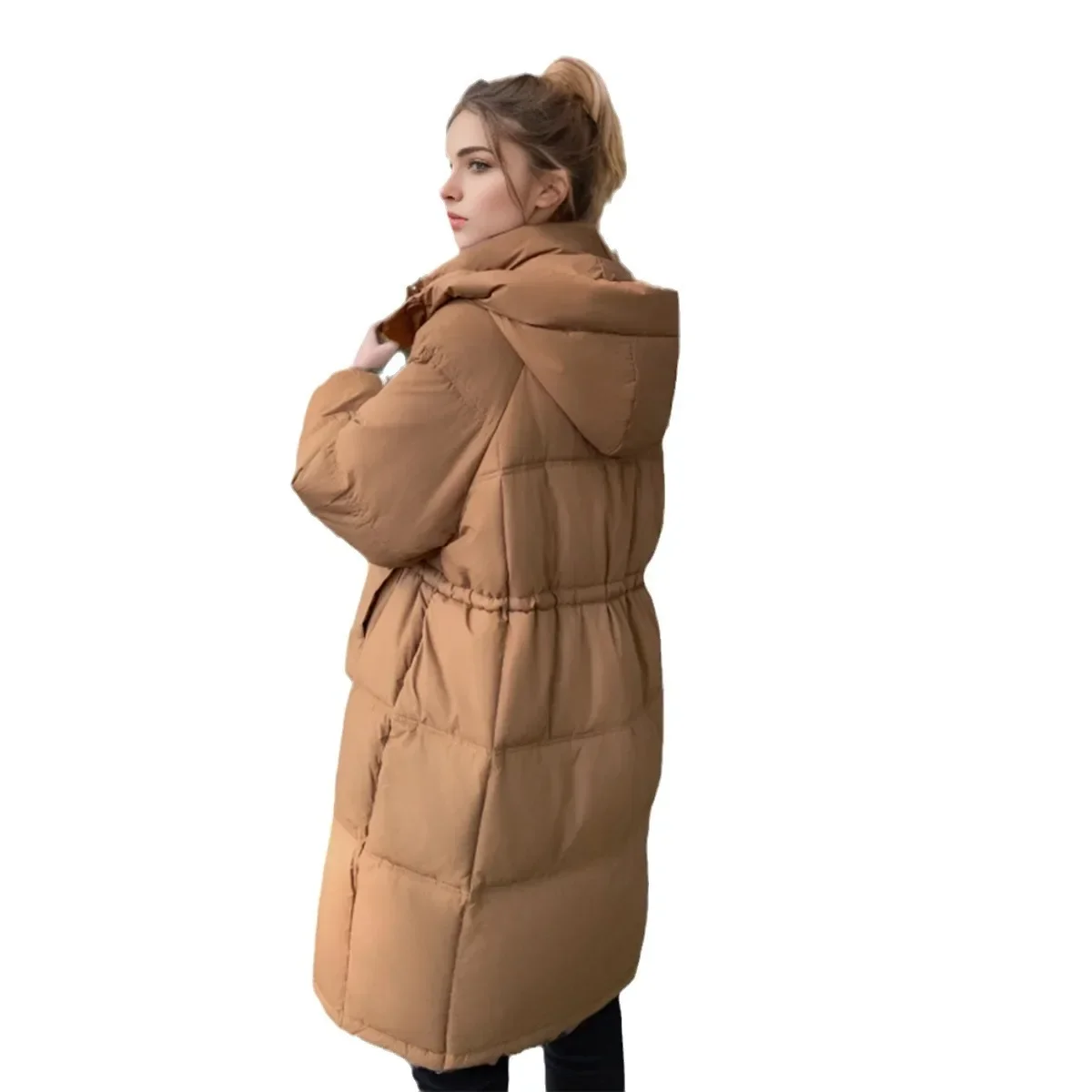 المرأة الشتاء سترات معطف الإناث لون نقي مقنعين رشاقته الدافئة طويلة سترة قطن المرأة الخصر الرباط سترة للنساء 2025
