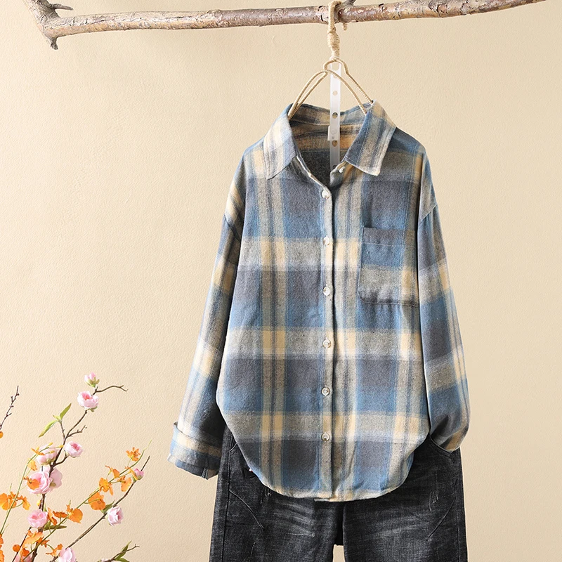 2024 New Women\'s Plaid Shirt Female Comfortable Casual Loose Long Sleeve Shirts Blouse Lady Vintage Elegant Checked Tops Clothes