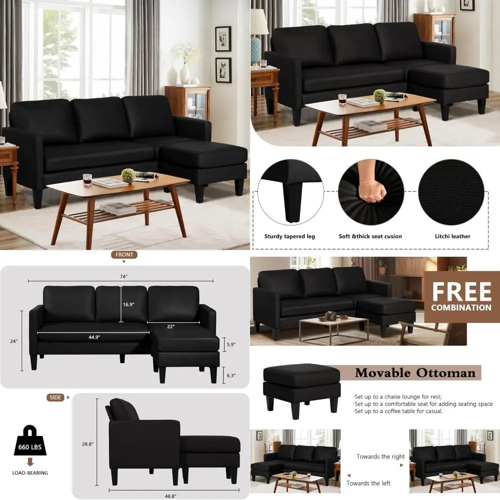 أريكة جلدية حديثة قابلة للتحويل على شكل حرف L للمساحات الصغيرة، وأثاث غرفة المعيشة، ومجموعة أريكة وحدات مريحة