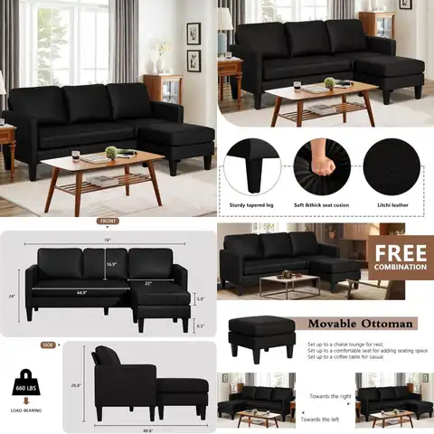 Sofá seccional de cuero convertible moderno en forma de L para espacios pequeños, muebles de sala de estar, cómodo juego de sofás modulares