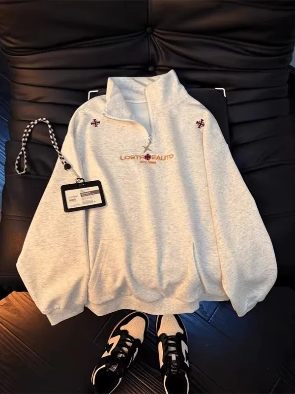 

ay Cleanfit Zip-Up Hoodie ex Embroidered Stand Collar Heavyweight American Sle Spring Faion Casual Comfortable