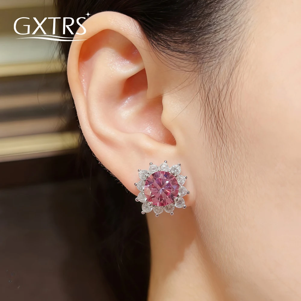 

GXTRS 4CTTW Real Moissanite Stud Earrings For Women S925 Silver Pink/Green Lab Diamond Flower Design Ear Studs Fine Jewelry Gift