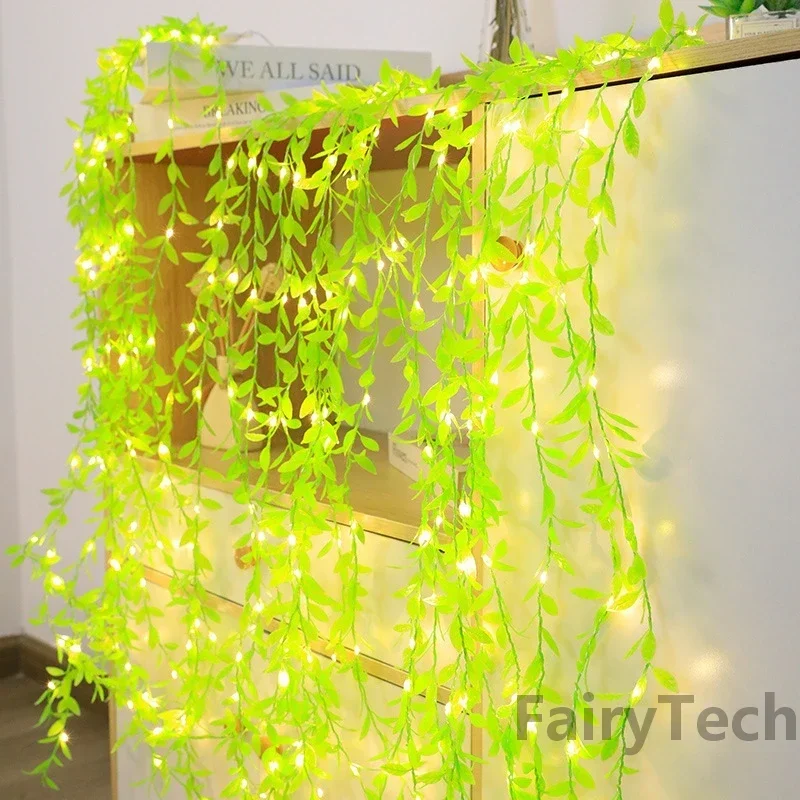 

2 M 20 LEDS Always on Battery Box Willow Curtain Lamp Decorative Light String Imitation Leaf Wrought Iron Basket Copper Wire